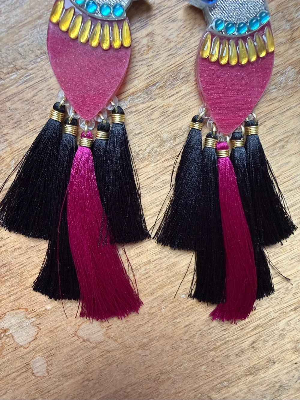 Mercedes Salazar Magenta and Black Bird Tassel Earrings with Gem Accents